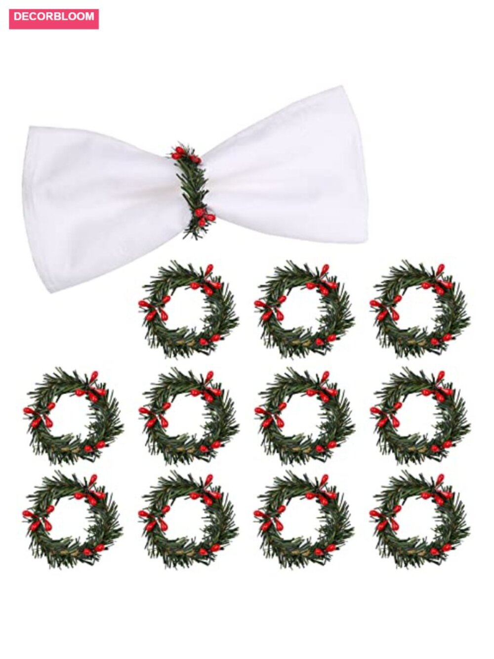 Christmas Napkin Rings Set of 12 Pine Needle Wreath Red Berry Table Decor